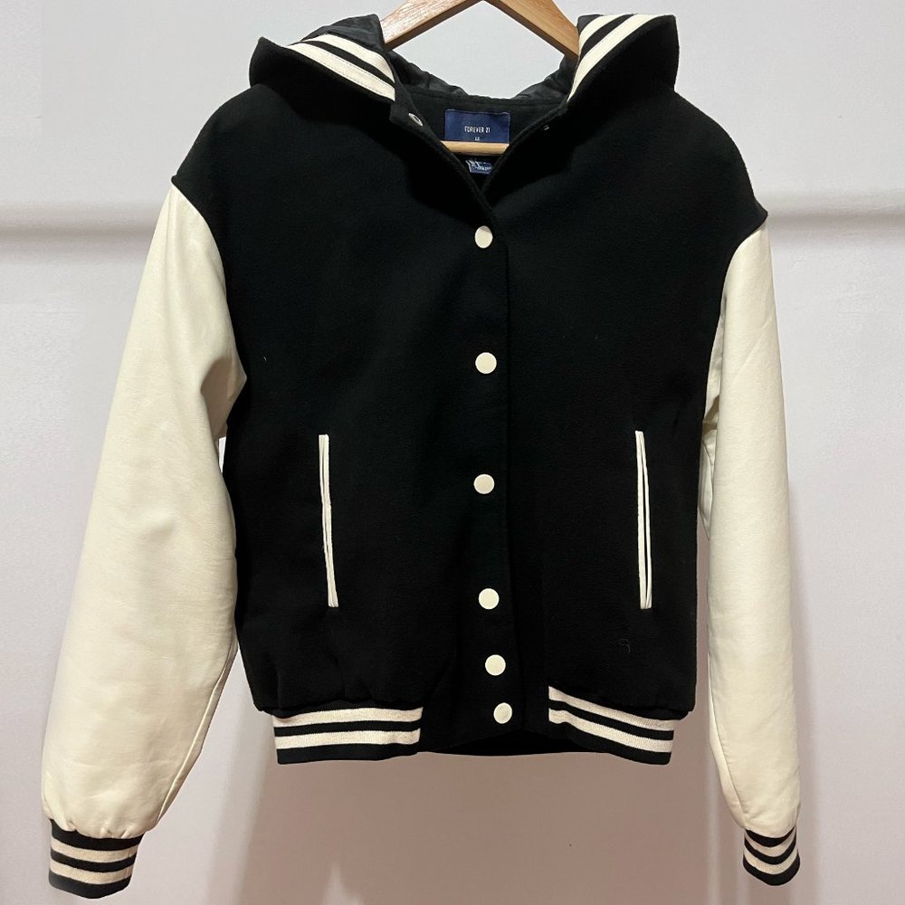 Black & White Faux Leather + Wool Bomber Jacket